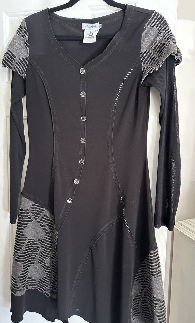 Dzhavael Couture Dress Women Small Soft Black Asymmetrical Grey Buttons S EUC